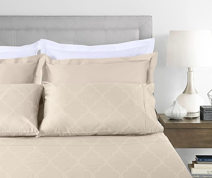 Threadmill Cotton Full Size Sheet Set | 100% Cotton Sheets for Full Size Bed | Damask Jacquard Full Bed Sheets Set with 16” Deep Pocket | Soft Sateen Weave 4-Piece Cooling Bedding Set | Beige