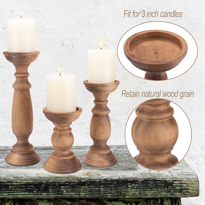 Rustic Wooden Pillar Candle Holders Set of 3, 12'' 9'' 6'' Farmhouse Wood Candle Stand for Table Centerpieces, Vintage Tall Candleholders Fireplace Mantel Decor for Living Room, Brown