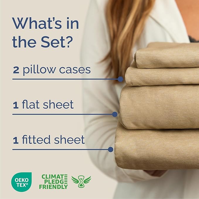 Queen Size 4 Piece Sheet Set - Comfy Breathable & Cooling Bed Sheets Set - Hotel Luxury Bedding for Women, Men, Kids, Teens, Boys & Girls - Deep Pockets, Soft & Wrinkle Free - Tan (Heathered Sheets)