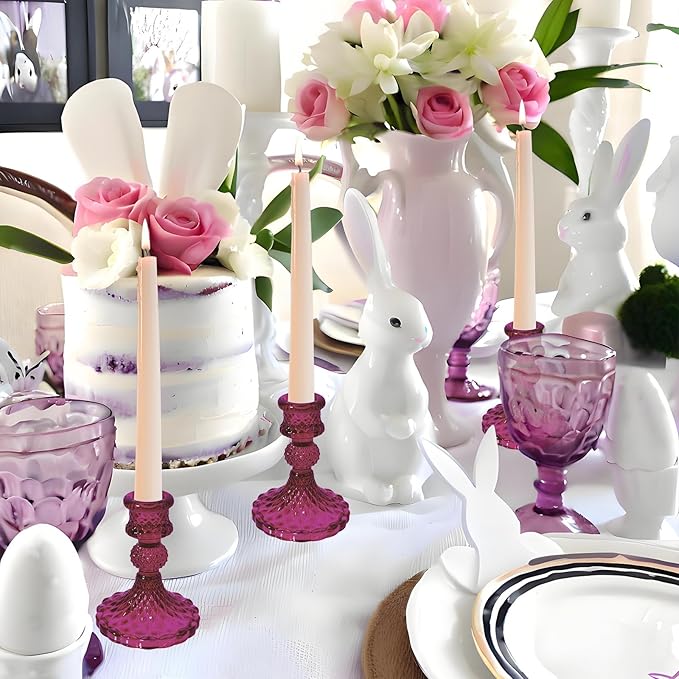 Glass Candlestick Holder,Striped Taper Candle Holders,Set of 6 Candle Stand for Table Centerpieces, Home Decor,Weddings,Festival and Parties (GCH002-Purple Dimond)
