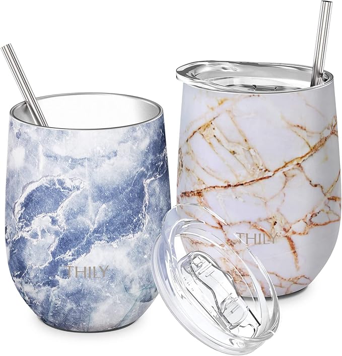 THILY Stainless Steel Insulated Wine Tumblers 12 oz Cute Travel Stemless Glasses with Sliding Lids and Metal Straws, Keep Hot or Cold for Wine, Coffee, Juice, 2 Pack(Gold Marble + Blue Marble)
