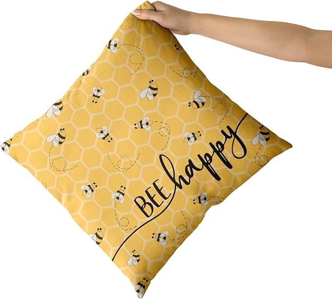 Giwawa Summer Pillow Covers Set of 2-16x16inch Bee Happy Decorative Square Pillowcases - Yellow Honeycomb Farmhouse Throw Cushion Cover for Sofa Couch Indoor Outdoor Living Room