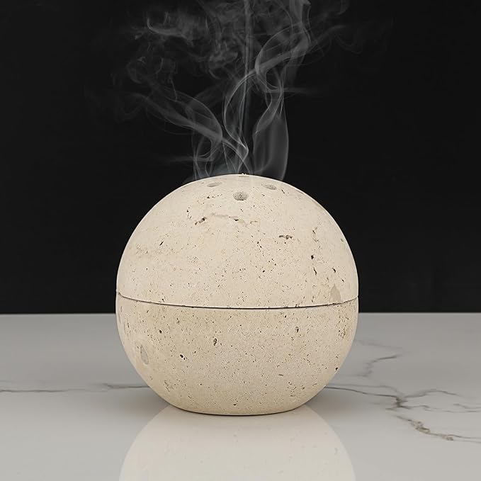 ELLDOO Natural Travertine Incense Cone Holder, Home Decor Handmade Ball Shape Incense Burner for Yoga Meditation SPA Reading, Beige