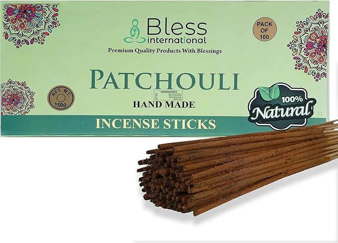 Bless-Patchouli 100%-Natural-Handmade-Hand-Dipped Organic-Chemicals-Charcoal-Free Purification-Relaxation-Positivity-Yoga-Meditation Best-Woods-Scent (100 Sticks (5.25 OZ))