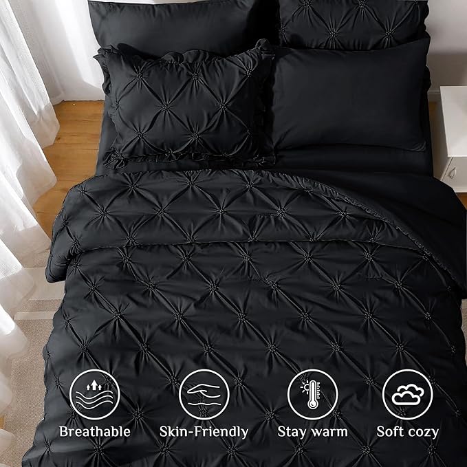 JOLLYVOGUE Queen Comforter Set 7 Pieces, Black Bed in a Bag Comforter Set for Bedroom, Bedding Comforter Sets with Comforter, Sheets,Ruffled Shams & Pillowcases