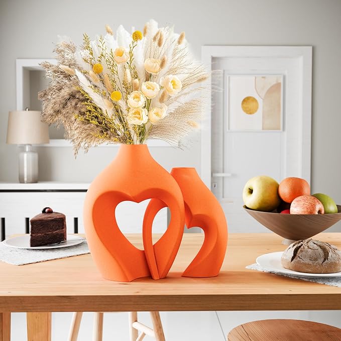 Orange Vases for Decor, Heart Shaped Ceramic Vase Set of 2, Nordic Heart Shaped Vases, Minimalist Decorative Vase for Table Centerpiece Wedding Dining Living Room Office House Decoration