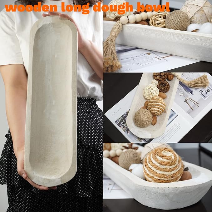 S-SNAIL-OO Decorative Bowl Vintage Wooden Dough Bowls Hand Carved, Farmhouse Country, Restaurant, Cafe Decoration, Place Bread, Fruit, Aromatherapy. (20x6x2in(White))