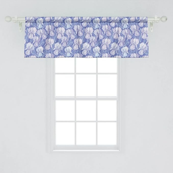 Lunarable Flower Window Valance Pack of 2, Blossomed Iris Flower Spring Garden Art, Rod Pocket Curtain Valances for Kitchen Bedroom, 54" X 18", Blue