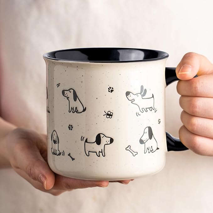 AmorArc 22 OZ Large Ceramic Coffee Mugs Set of 2, Oversized Mugs With Big Handle for Men Women Dad Mom, Big Mug With Textured Dogs Cats Patterns for Office & Home -Microwave Safe, 2 Pcs-Black