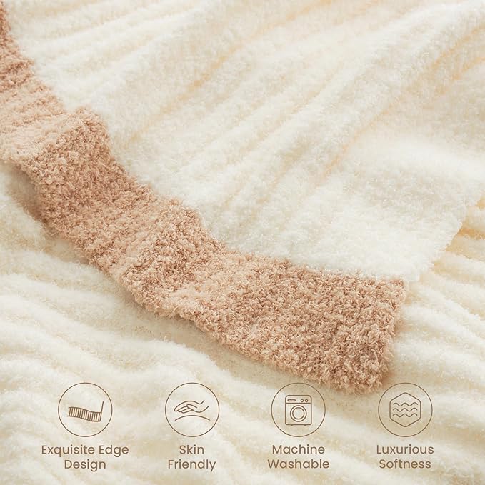 Snuggle Sac Soft King Size Blanket, Cozy Soft Fuzzy Microfiber Knit Stripe Bedding Blankets Bedspread, Cream, 108x90 inches