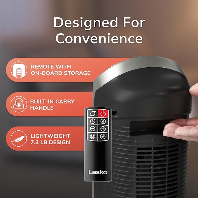 Lasko Oscillating Digital Ceramic Tower Heater for Home with Adjustable Thermostat, Timer and Remote Control, 23 Inches, 1500W, Silver, 755320