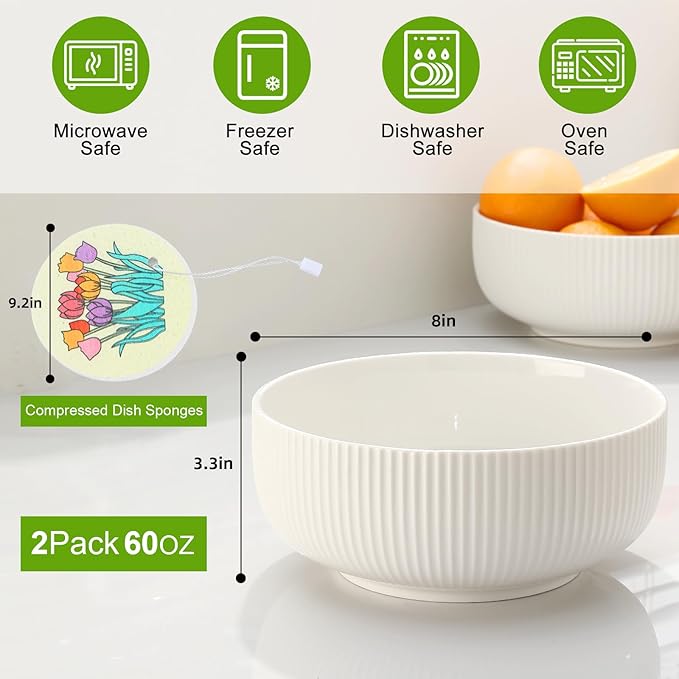 60oz Salad Bowl Set,2 Pack Serving Bowls for Entertaining,8inch Large White Ceramic Bowl for Side Dishes,Soup, Pho, Cereal, Pasta, Fruit, Microwave and Dishwasher Safe