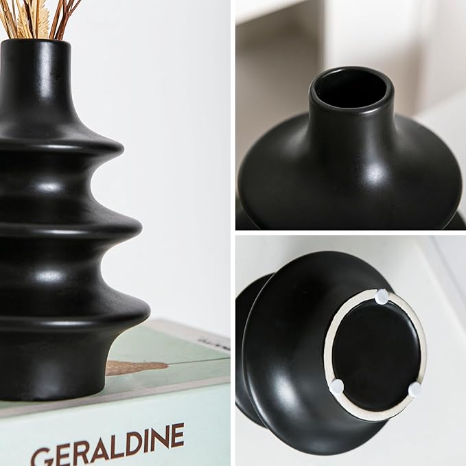 Boho Ceramic Vase Set, Matte Black Aesthetic Vase, Small Mid Century Vases for Home Decor, Nordic Minimalist Vase for Entryway, Living Room Decoration, Table Centerpieces