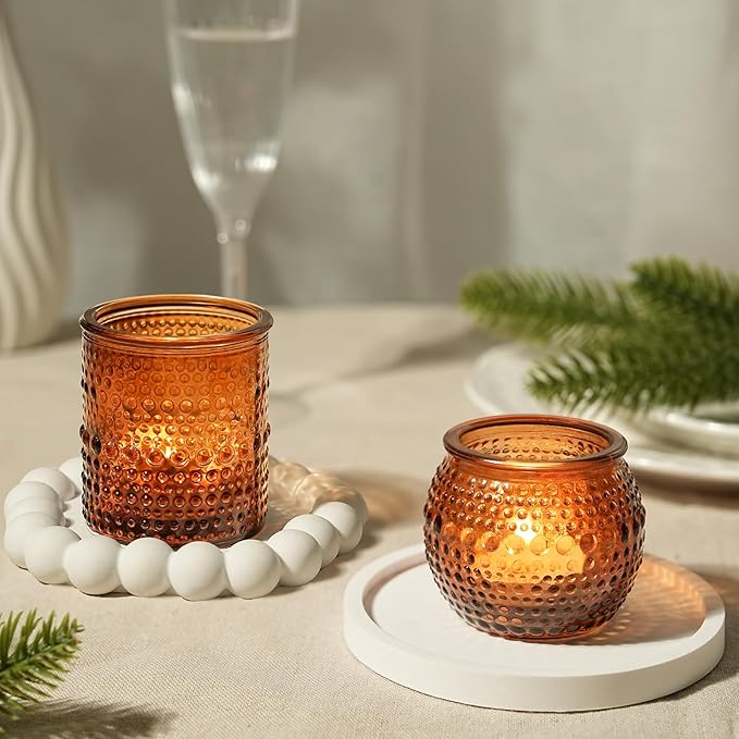 36pcs Amber Votive Candle Holders, Glass Small Tea Lights Candle Holders for Table Centerpiece for Home Decor Party Fall Boho Decor (Amber)