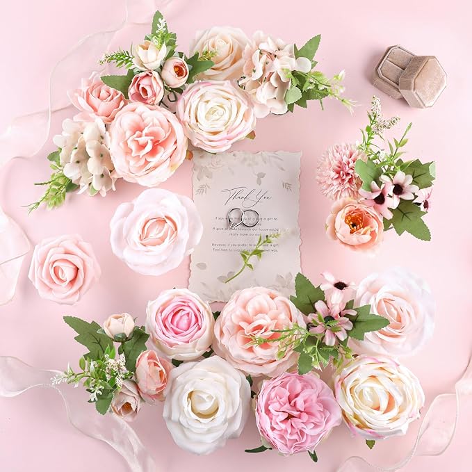 AmyHomie Blush Pink Artificial Flowers Combo Silk Rose Fake Flowers w/Stem for DIY Wedding Bouquets Centerpieces Arrangements Table Fall Decor Party Bridal Baby Shower Home Decorations