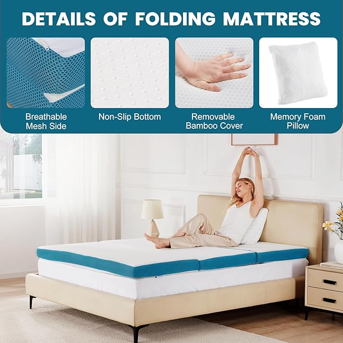 SINWEEK Memory Foam Folding Mattress, 4 Inch Foldable Trifold Mattress Topper, CertiPUR-US Certified Guest Bed with Cooling Cover & Waterproof Lining