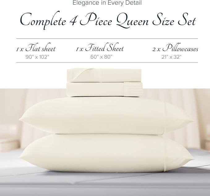 Carressa Linen 100% Egyptian Cotton Sheets Queen Size Bed Set - Luxury 1500 High Thread Count Egyptian Cotton Queen Sheet Set (4 PC, Ivory), 17" Deep Pocket, Silky Soft, Cooling, Sateen Weave Bedding