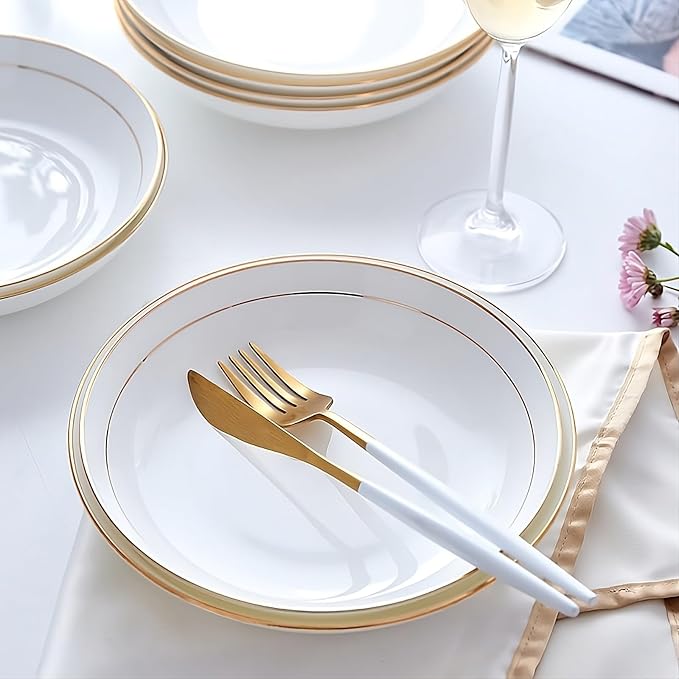 8 Inch Ceramic Dinner Plate with Gold Rim, Elegant White Porcelain Dinnerware for Pasta, Salad, Dessert, Dishwasher Safe, Wedding & Party Tableware - Set of 2