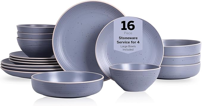 Stone Lain Lauren Stoneware, Rustic Plates and Bowls Set, Dinnerware, Service for 4, Speckled Light Gray, Dishwasher & Microwave Safe, 16-Piece