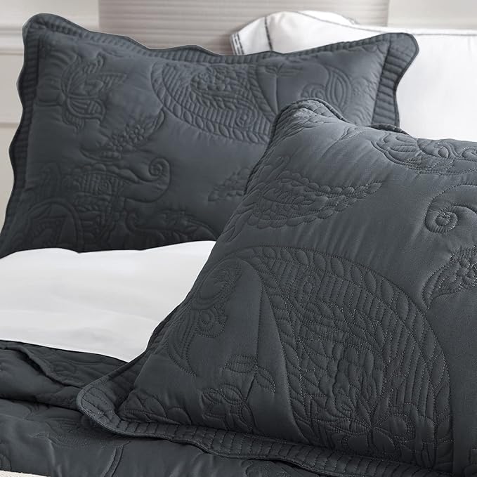 HZ & HY Oversized King Bedspread, Quilted Coverlet Bedding Set, Lightweight Thin Comforter, Reversible, Luxurious, 5 Piece, 100% Microfiber, Dark Grey