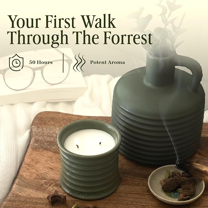 Scented Luxury Candles in Handmade Ceramic Jars, Soy Wax | Woody Wood – Oud & Agarwood, Large Candle | Non Toxic, 2 Wicks, Reusable Big Olive Green Jar | Natural Spring Aromatherapy for Women & Men