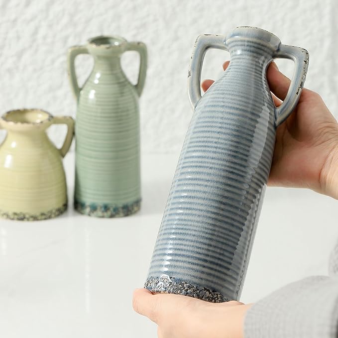 Ceramic Vase Set of 3 with Handles - Farmhouse Vase Set for Modern Decoration, Rustic Crackle Round Vases for Home Decor, Dining Table, Living Room, Kitchen, Office, Shelf - Multicolor