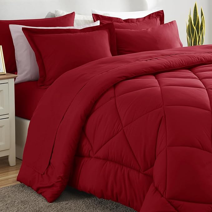 CozyLux King Size Comforter Set Dark Red - 7 Pieces Bed in a Bag King, Luxury Soft Bed Set for All Seasons, Bedding Set with Down Alternative Comforter, Sheets, Pillowcases & Shams