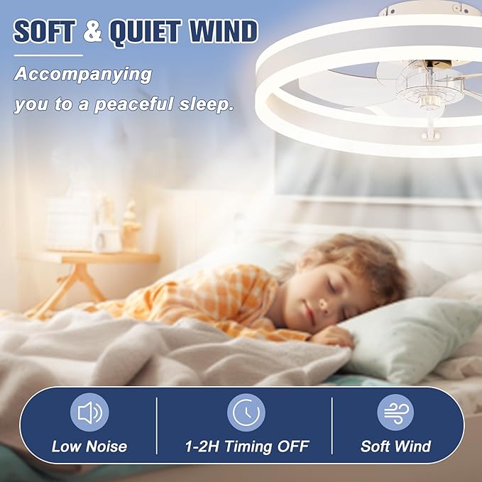 VOLISUN Low Profile Ceiling Fans with Lights and Remote, 19.7in Flush Mount Ceiling Fans with Light, 3000K-6500K Dimmable Fandelier LED Fan Light, White Bladeless Ceiling Fans with Lights for Bedroom