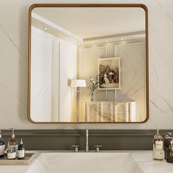 LOAAO 30X30 Bathroom Mirror with Wood Grain Colored Metal Frame, Rounded Rectangle Metal Framed Bathroom Mirror, Anti-Rust, Hangs Horizontally or Vertically