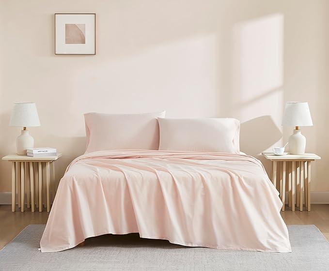 Linen Closet 100% Organic Cotton King Sheet 4 Pcs Set – Crisp Percale, Lightweight & Breathable– Light Pink Bed Sheets,Deep Pocket up to 18”– Naturally Cooling, Soft, Eco-Friendly,All Season Comfort