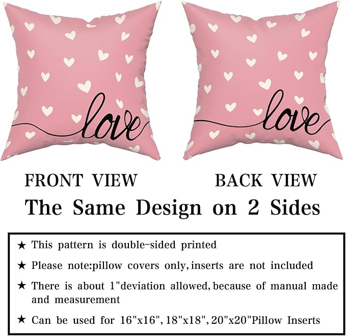 Giwawa Valentines Day Pillow Covers Set of 2 Pink Love Hearts Throw Pillowcases Romantic Double Sided Decorative Cotton Square Cushion Covers 16x16inch for Sofa Couch Bedding Wedding Anniversary