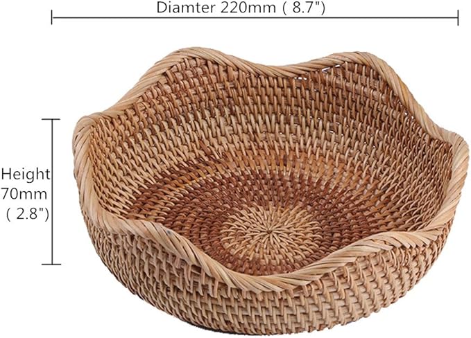 Handmade Rattan Round Fruit Basket Food Storage Bowls Kitchen Organizer Snack Serving Bowl Wavy Edge Circle Tray Basket, Boho Home Décor Display Tray for Coffee Table, Dining Room (Small 8.7")