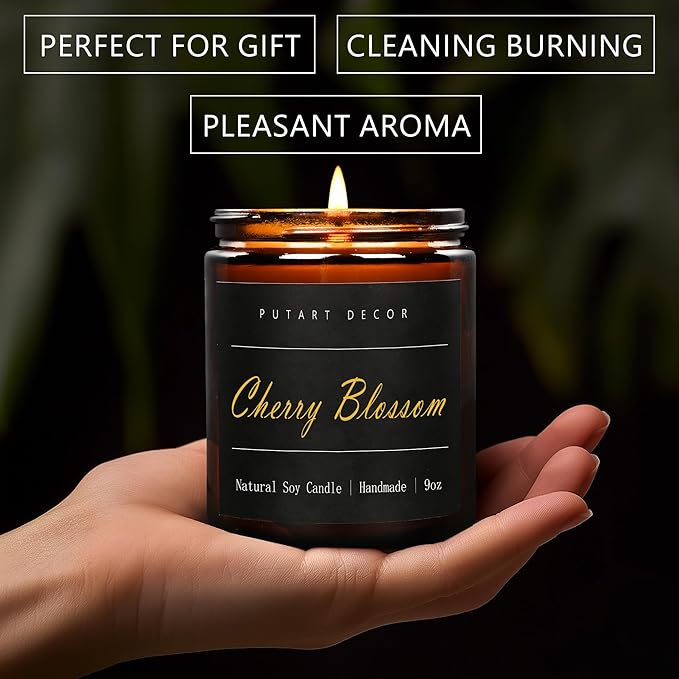 Cherry Blossom Highly Scented Candle for Home, 9oz Natural Soy Aromatherapy Non Toxic Candles with Essential Oil, Home Fragrance Stress Relief & Meditation Jar Candles Gifts for Women & Men