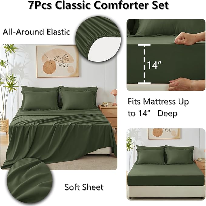 CozyLux King Size Comforter Set Olive Green - 7 Pieces Bed in a Bag King, Luxury Soft Bed Set for All Seasons, Bedding Set with Down Alternative Comforter, Sheets, Pillowcases & Shams