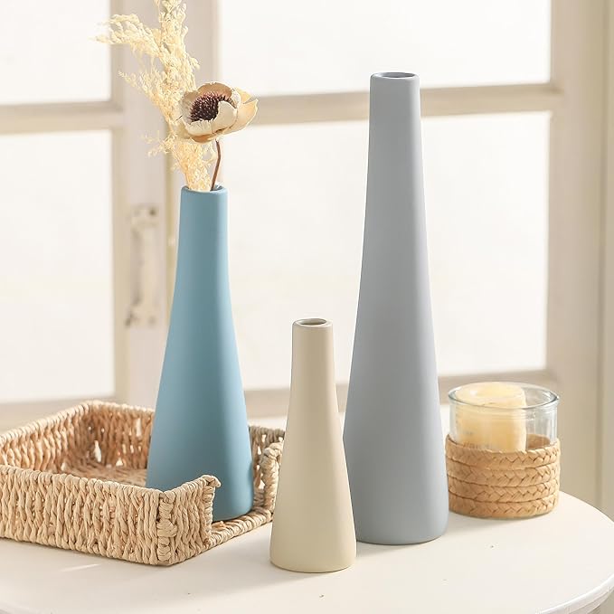 Ceramic Vase Set of 3, Modern Farmhouse Vases Neutral Pottery Vase Pampas Grass Flower Vases for Home Decoration Room Decor Table Living Room Centerpieces Mantel Decor - Blue