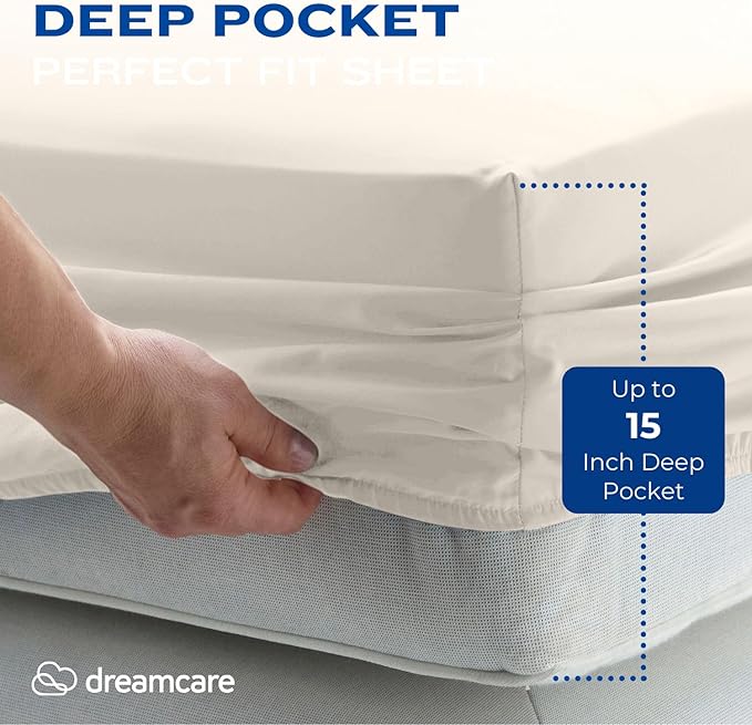 DREAMCARE Twin XL Sheet Set - Cooling Bed Sheets - 4pc Set - up to 15" Deep Pocket - Soft & Long Lasting 100% Fine Brushed Polyester with Side Pocket - Ivory