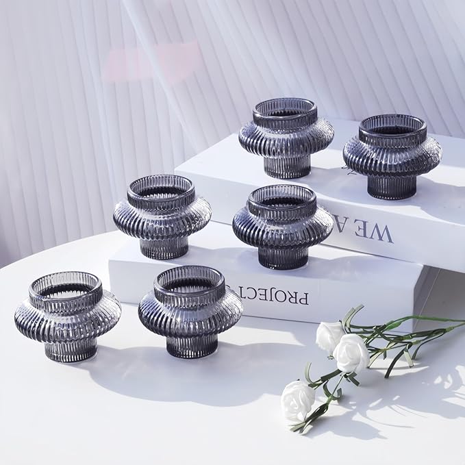 VOHO Smoky Grey Taper Candle Holders Set of 6, Classic Ribbed Candle Sticks Holder Decor for Table Centerpiece at Daily/Birthday/Party, Double Sided Candle Holder for Candlesticks & Tea Lights Candles