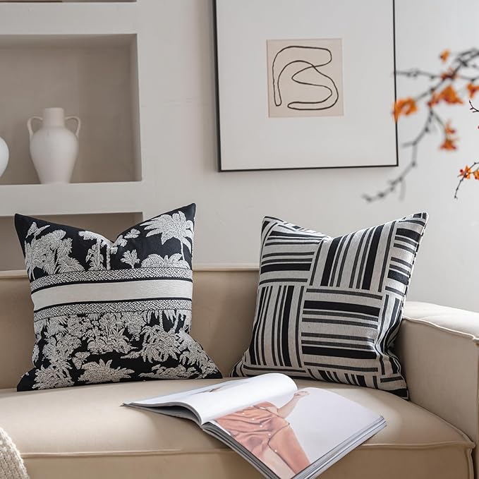 Premium Throw Pillow Covers 22x22 Inches - Black White Geometric Patchwork Chenille Jacquard Embroidery Decorative Couch Pillow Covers for Living Room Bedroom Sofa