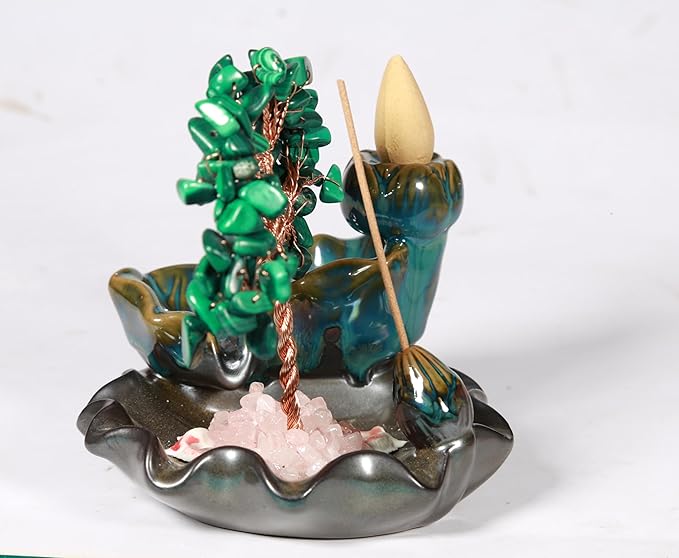 Malachite Waterfall Incense Burner, Money Tree Backflow Incense Holder Healing Crystal Stone, with 30 Backflow Incense Cones + 30 Incense Stick for Yoga Meditation Home Zen Decoration