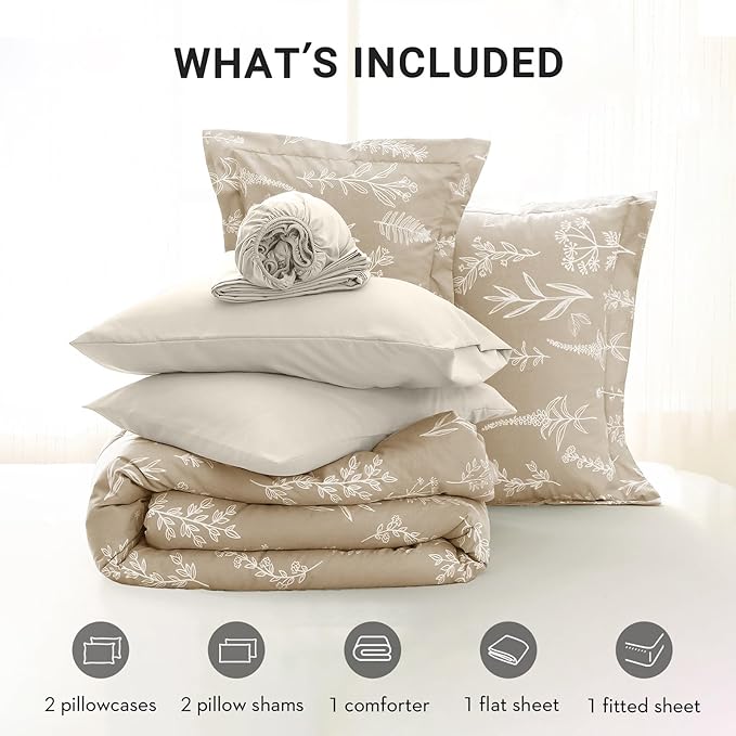 MUXHOMO Taupe Full Comforter Set, Elegant Floral Print Bed in a Bag 7 Pieces, Ultra Soft & Breathable Reversible Botanical Pattern Bedding Set with Comforter, Sheets, Pillowcases, and Shams