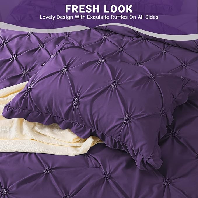JOLLYVOGUE Purple Cal King Size Comforter Sets 7 Pieces, Pintuck Bed in a Bag Comforter Set for Bedroom, Bedding Comforter Sets with Comforter, Sheets,Ruffled Shams & Pillowcases