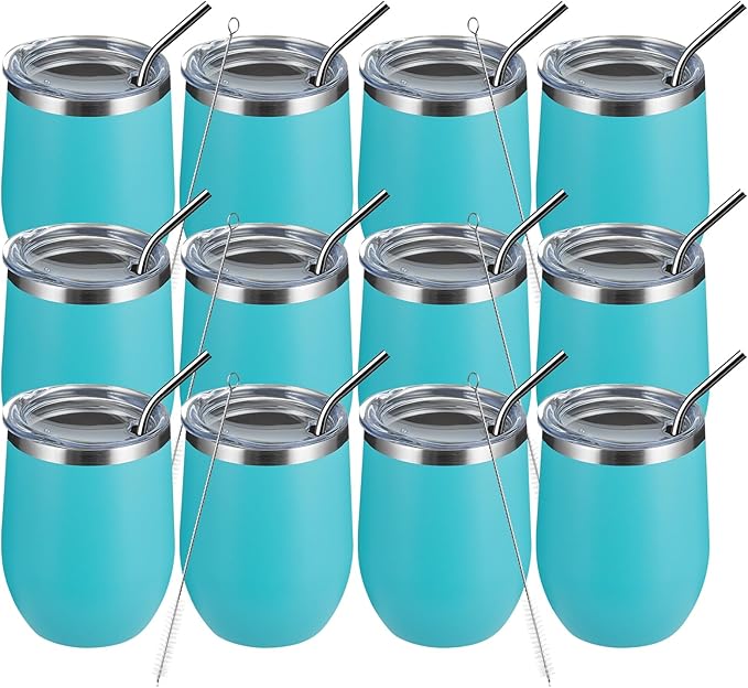 MEWAY 12oz/12 Pack Wine Tumbler Glasses with Lid -Double Wall Vacuum Stainless Steel Travel Tumbler Mug,Stemless Insulated Wine Cup for,Coffee,Cocktails (Turquoise,Set of 12)