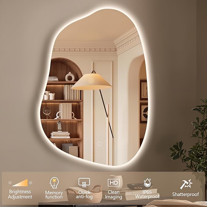 Irregular LED Bathroom Mirror with Lights, 42"x32" Anti Fog Frameless Led Bathroom Vanity Mirror, Stepless Dimmable Backlit Mirror for Bathroom Bedroom Living Room, Horizontal/Vertical
