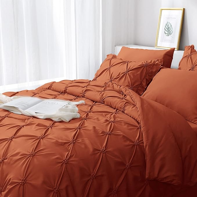 JOLLYVOGUE Burnt Orange Full Size Comforter Sets 7 Pieces, Pintuck Bed in a Bag Comforter Set for Bedroom, Bedding Comforter Sets with Comforter, Sheets,Ruffled Shams & Pillowcases