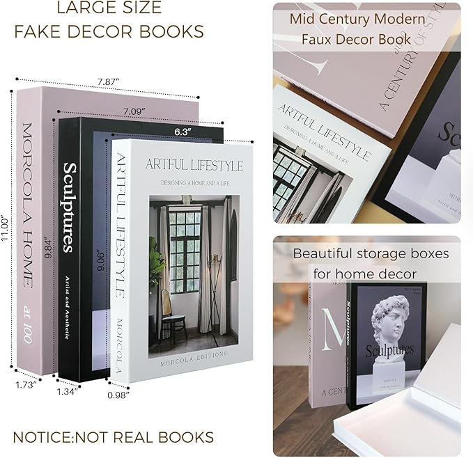 Set of 3 Decorative Books for Home Decor,Mid Century Modern Faux Decor Book for Decoration,Fake Books for Coffee Table/Bookshelf/Mantel Decor,Photo Storage or Keepsake Box (Black)