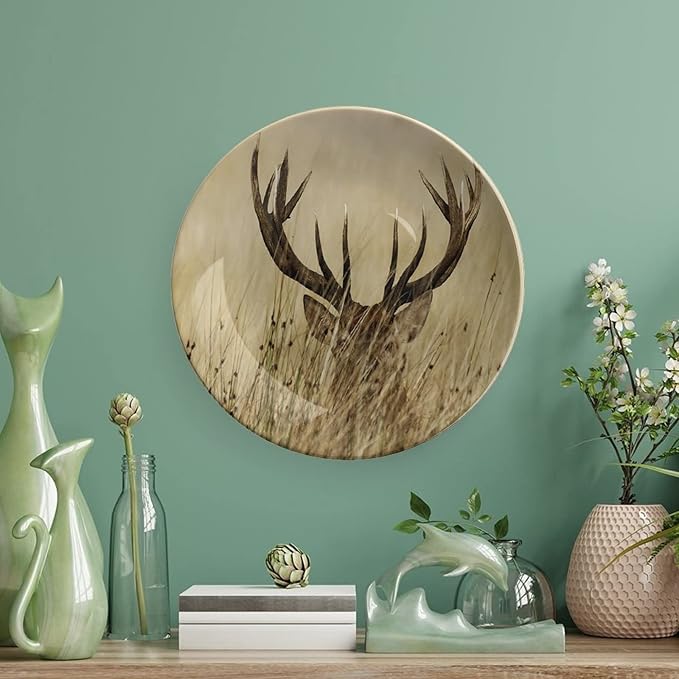 XISUNYA 10 Inch Decorative Plate, Antler Round Porcelain,Whitetail Deer in Wilderness Stag Countryside Rural Hunting Print Ceramic Display Plate for Decorative Ornaments Giving Plates