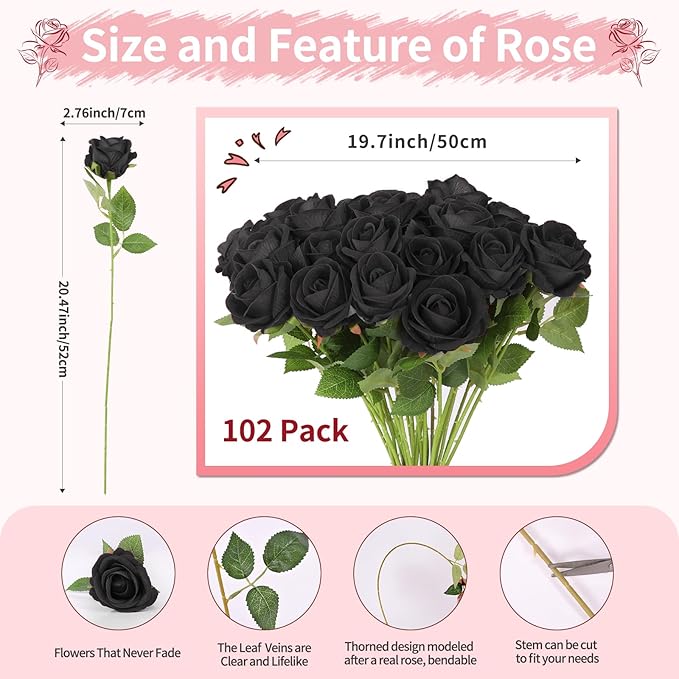 102 PCS Fake Roses Artificial Flowers Bulk, Black Roses Bridal Bouquet Silk Faux Rose with Stems for Wedding Flowers Decoration, Valentine's Day, Bridal Bouquet, Anniversary,Home Decor (102PCS, Black)