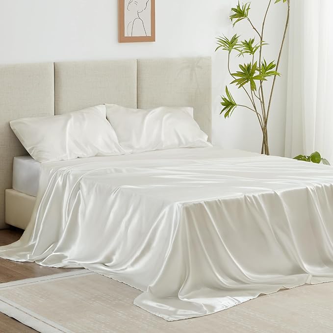 Love's cabin Satin King Sheet Sets - 4 Piece Ivory Silky Sheets King Size Bed Set with Deep Pocket, Luxury Silk Feel King Size Satin Sheet Set (1 Flat Sheet,1 Fitted Sheet,2 Pillow Cases)