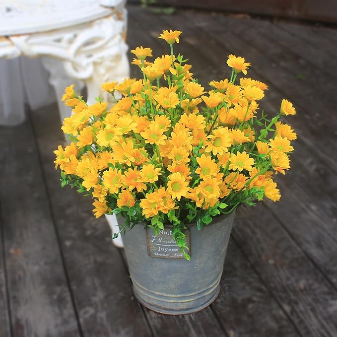 Yellow Artificial Outdoor Flowers Fake Mums 8 Bundles Flower Realistic Wild Flower Cemetery Daisy Stems Faux Plants for Outdoors Planter Front Porch Patio Decor