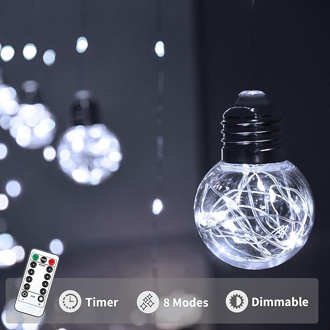 YOLIGHT Wishing Ball Curtain Lights 200 LED Window Curtain String Lights with Remote, USB Battery Powered Twinkle Globe Fairy Lights for Wedding Party Bedroom Halloween Christmas Decoration (White)